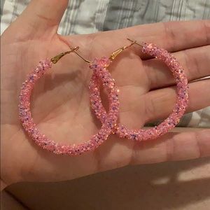 Pink glitter hoop earrings